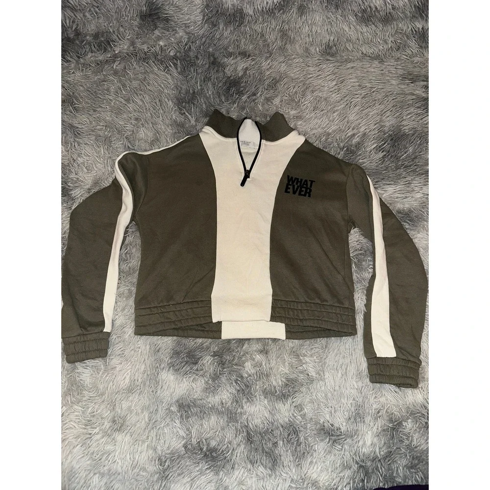 Primark Girls Olive Green Cream Whatever Quarter Zip Cropped Sweatshirt SZ 13-14